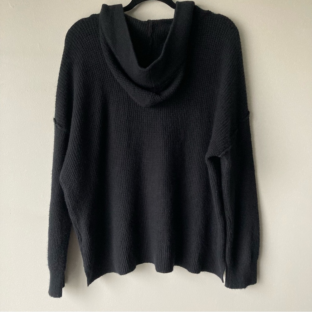 Aerie Women’s Comfy Waffle Knit Black Hooded Sweater V-Neck Medium - Picture 5 of 10